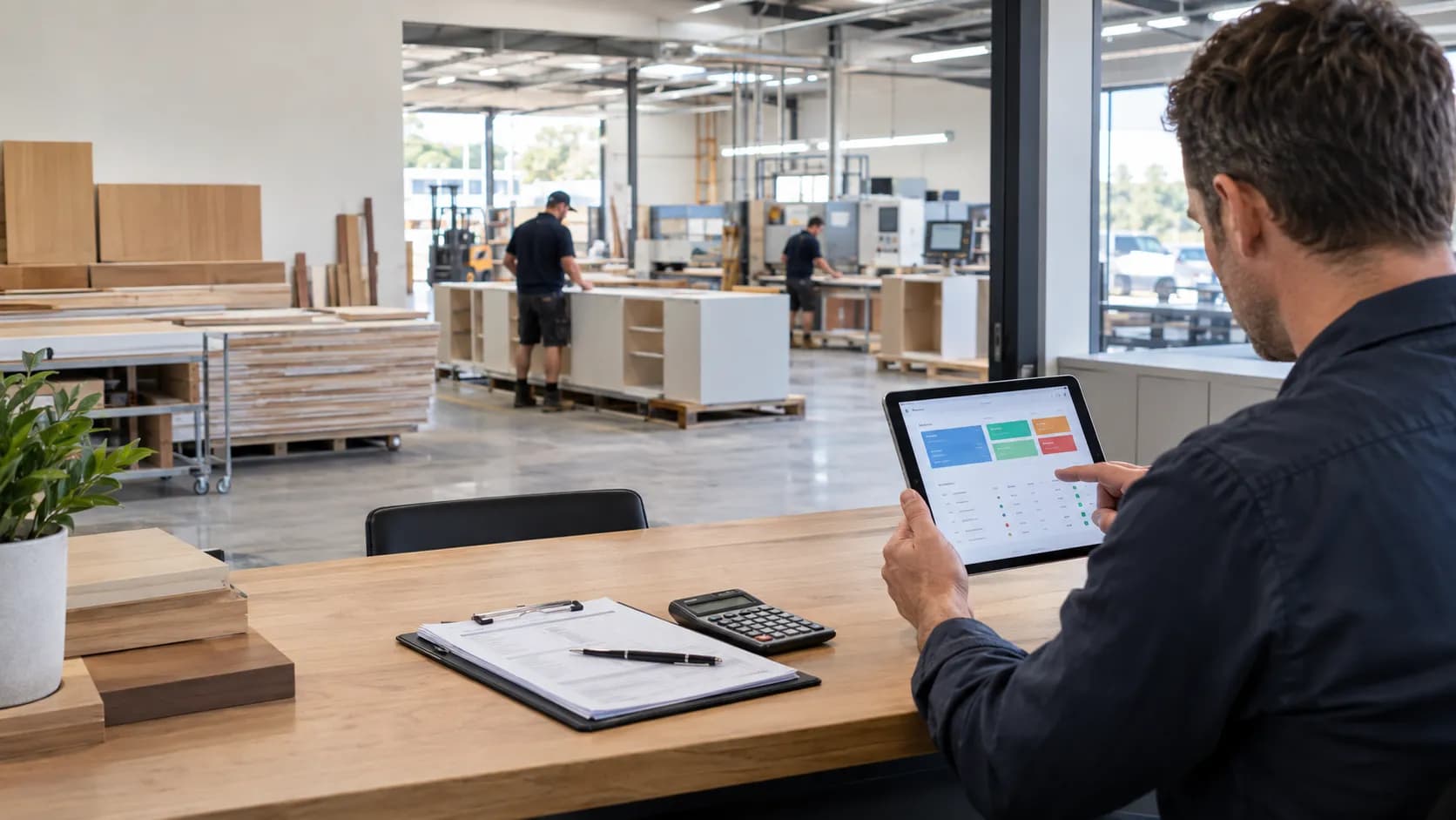 Joinery business owner reviewing job and payment status on a tablet at an office desk overlooking a cabinet workshop