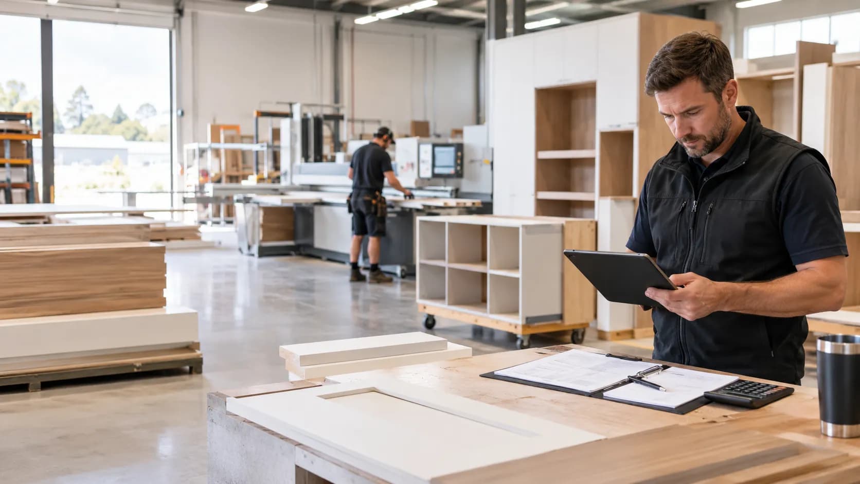 Workshop manager reviewing job costing figures on a tablet beside cabinet panels, a clipboard and a calculator in a cabinet making workshop