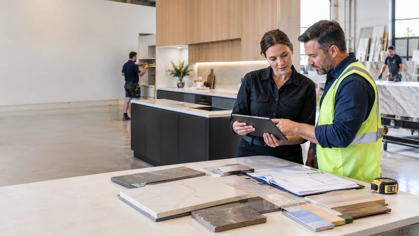 Cabinet maker and site supervisor comparing benchtop material samples against a job record on a tablet in a kitchen fit-out