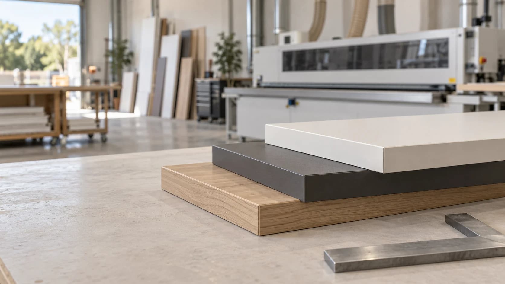 White, charcoal and oak cabinet panel samples showing finished edges on a workshop bench, with an edgebander blurred behind