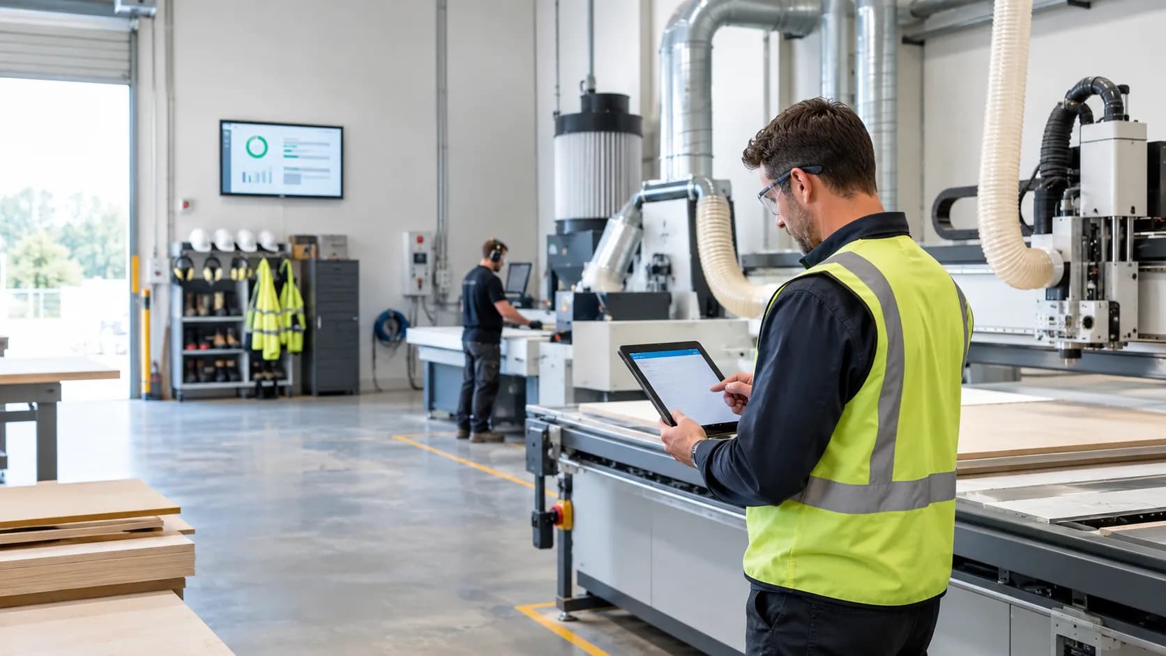 Workshop supervisor in a hi-vis vest checking a tablet beside a CNC router and dust extraction ducting while an operator in hearing protection works a machine behind